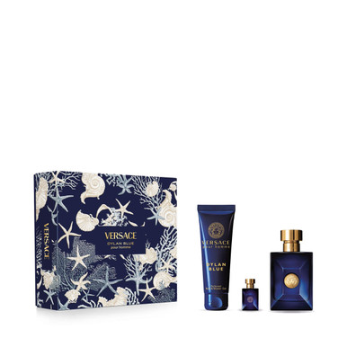 VERSACE DYLAN BLUE 3 PCS SET FOR MEN: 3.4 EAU DE TOILETTE SPRAY + 5 ML EAU DE TOILETTE MINI + 5 OZ BATH & SHOWER GEL