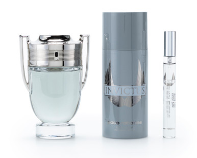 PACO RABANNE INVICTUS 3 PCS SET FOR MEN: 3.4 EAU DE TOILETTE SPRAY + 5.1 DEODORANT SPRAY + 0.34 EAU DE TOILETTE SPRAY.
